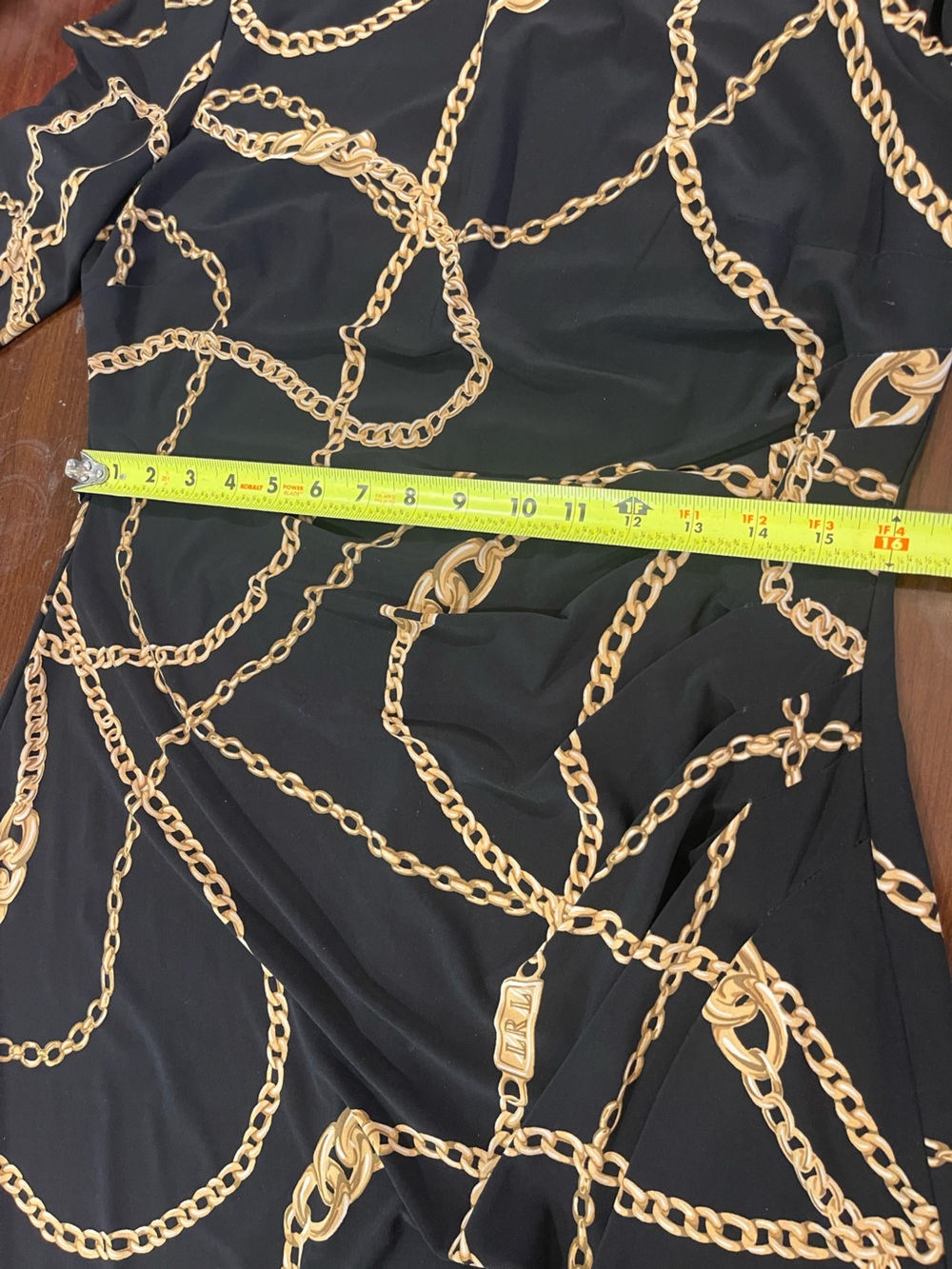Lauren Ralph Lauren Black Gold Chain Print Faux Wrap Dress 14 Stretchy Ruched - Picture 15 of 16